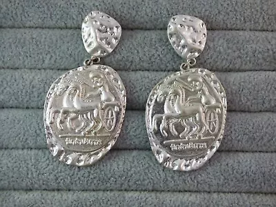 Horse Chariot Stud Drop Earrings Silver Tone Large Chunky Coin Repro Statement  • £5.59