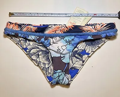 Maaji Women's Bikini Bottom Size Large Reversible Blue Peach Floral NWT Stripes • $22