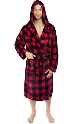 PAVILIA Mens Robe Hooded Soft Robe For Men Fleece Bathrobe With Hood Plaid Red • $22.39