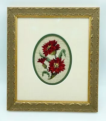 Gold Framed Red Carnations Needlework No Glare Museum Glass • $14.99