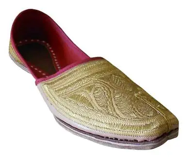 Men Shoes Mojari Indian Wedding Cream & Golden Leather Loafers Thanksgiving • £37.78