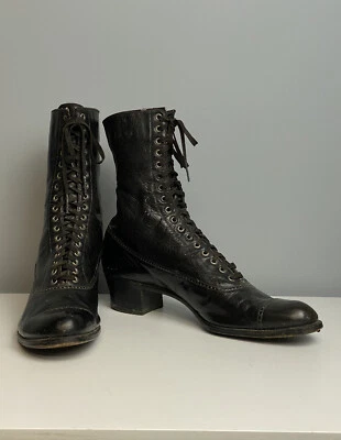 $74.99 • Buy Victorian Boots Ladies High Top Lace Up Black Leather Antique Edwardian Booties