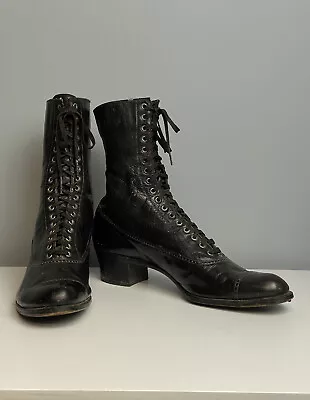 Victorian Boots Ladies High Top Lace Up Black Leather Antique Edwardian Booties • $74.99