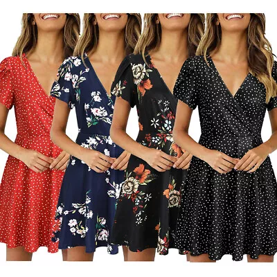$26.38 • Buy Summer Floral Print Womens Mini Dress Short Sleeve V-Neck Casual Sundress Belted