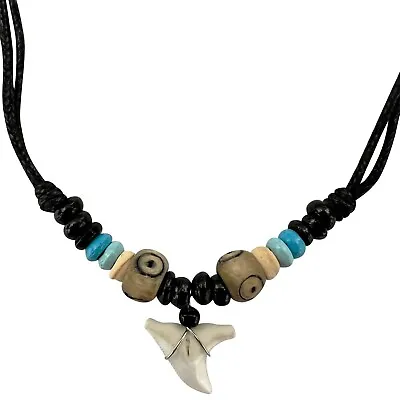 Shark Tooth Pendant Necklace Wood Beaded Cord Chain Womens Mens Surfer Jewellery • £4.99