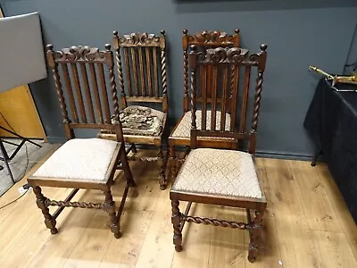 Vintage Oak Barley Twist Chairs With Removable Seat Pads X4  For Restoration • £80