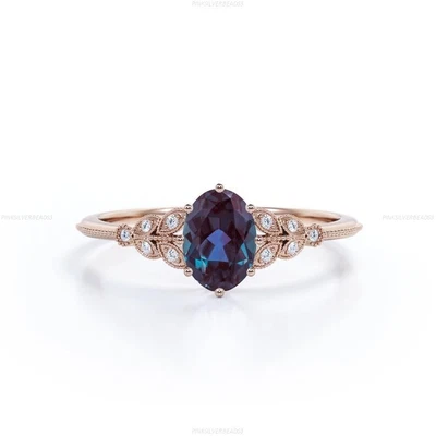 $1750.06 • Buy Gift For Her 14k Gold Alexandrite Diamond Personalized Art Deco Wedding Ring