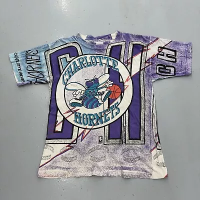 Vintage 90s Magic Johnson T’s All Over Charlotte Hornets T Shirt AOP NBA Sz M • $149.99