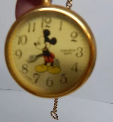 Mickey Mouse Gold-Tone Verichron/Calibri 1995? Pocket Watch Chain WORKS EUC++ • $38.88