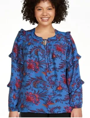 New W/Tag Pioneer Woman Ruffle Pintuck Blouse Long Sleeves Size M Moroccan Blue • $11