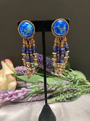 Natural Stone Lapis And Antique Glass Crystal Bead Clip Earrings Vtg • $19.97