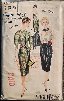 Vintage 1959 Vogue 2 Style Bodice Cocktail Dress W/Jacket Pattern #4050 Sz 16 • $5.99