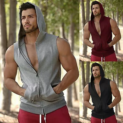 Men's Sleeveless Hoodie Zipped Through Hooded Sweat Hoody Gym Casual Sports Tops • $18.96