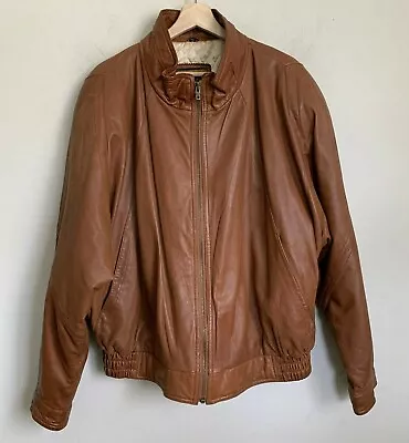 I.O.U. Vintage Bomber Jacket Brown Leather Zip Front Pockets Quilt Lined Size XL • $89.95