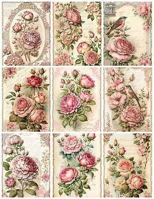 Set Of 9 Vintage Shabby Chic Garden Roses #2  Craft STICKERS - Just Cut & Use! • $3.60