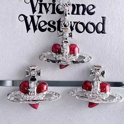 Vivienne Westwood Diamante Heart Necklace Earrings Set Red Silver Included Box • $68.20