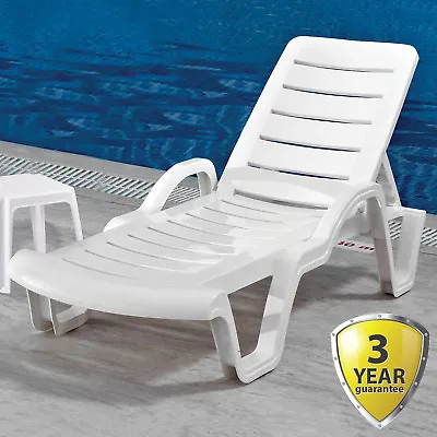 Sun Lounger Outdoor Garden Patio White Plastic Wipe Clean Reclining Relaxer Bed • £79.99