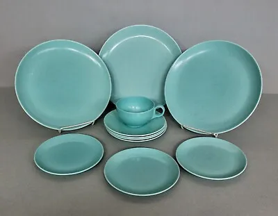 Vintage Monterey Dinnerware 11 Pc Plates Cup Saucers Aqua Glaze 1950s - 1960s • $42