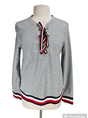 TOMMY HILFIGER Womens Crew Neck Striped Sweat Shirt Size M Gray Long Sleeve 115A • $17.84