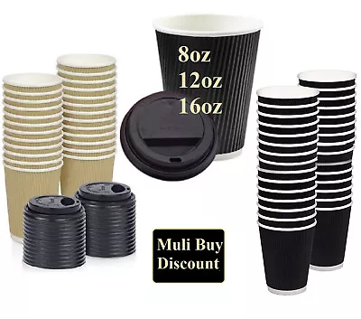 12oz Hot Drink Cups Paper Cups Brown Ripple Cups Black Disposable Coffee Cups • £7.79