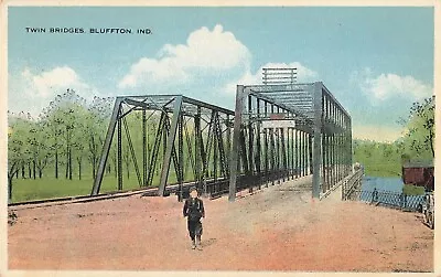 Bluffton Indiana Postcard Twin Bridges Wabash River About 1920s   F5 • $5.99