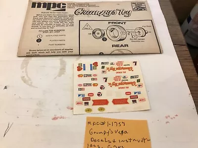 Mpc 1/25 Vintage  # 1-1757 1972 Vega Grumpy’s Toy Vega 1st Decal & Instructions • $5.95