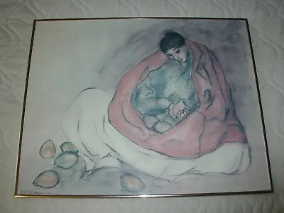 R. C. Gorman Hand Signed Print -  Woman With Pears  - 1977 - Framed • $145