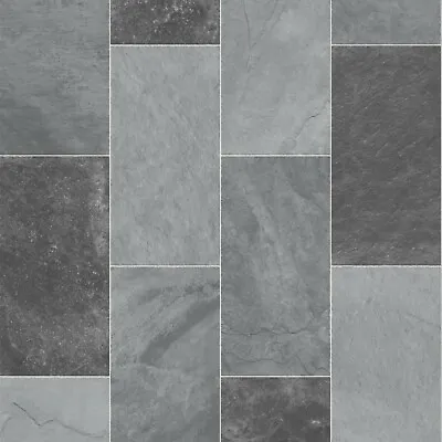 £0.99 • Buy Grey Stone Tile Effect Vinyl Flooring Foam Backed Kitchen Bathroom Lino 2m 3m 4m