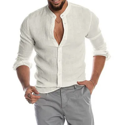 Mens Cotton Shirt Long Sleeve Henley Shirt Casual Baggy Button-up Tops T Shirt • £9.49