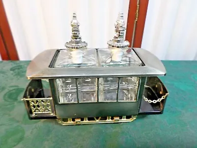 Vintage Musical Cable Car Shaped Trolley W/2 Glass Decanters -Empty • $35