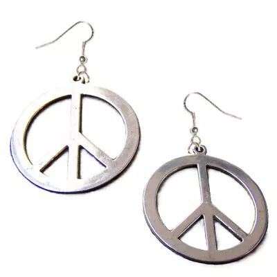 Big Funky Vintage PEACE SIGN EARRINGS Retro Hippy Costume Jewelry - SILVER Metal • $8.97