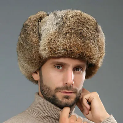 Mens Rabbit Fur Hat Trapper Ushanka Earmuffs Ski Cap Fashion Comfy Winter Warm* • $21.99