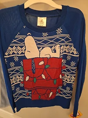 Peanuts Sweater Womens Size XS Blue Snoopy Christmas Snowflake Free Shipping! • $17.50