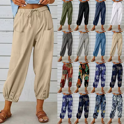 Cotton Linen Women Drawstring Harem Pants Elastic Waist Hippie Cropped Trousers • £12.09