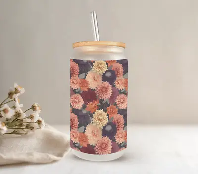 Garden Of Dahlias Frosted Glass Can Bamboo Lid 16 Oz Floral Glass Cup By Mugzan • $17.99