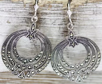 Vintage Marcasite Sterling Silver Natural Stone Dangle Earrings 925 Deco Style • $37.40