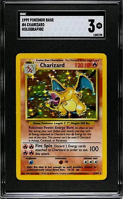 $91 • Buy SGC 3 1999 Pokemon TCG Base Set Unlimited Charizard #4/102 VERY GOOD NO RESERVE