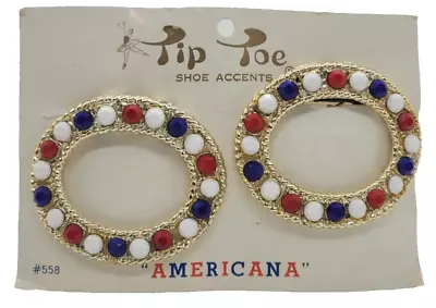 Vintage  TIP TOE  Shoe Clips Red White & Blue Glass Rhinestones Oval Gold-tone • $11.99