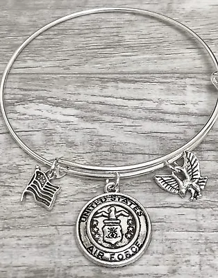 U.S Air Force Military Eagle & Flag Silver Charms Expandable Bangle Bracelet  • $4.50