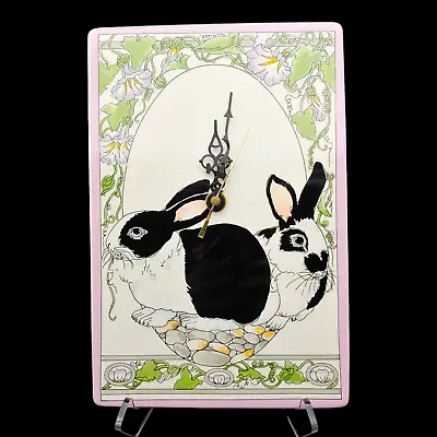 Bunny Rabbit Ceramic Wall Clock - 7x11 Vtg 1980s Black White Flowers Japan AS IS • $32.25
