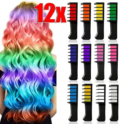 12 Colors Hair Chalk Comb Temporary Hair Dye Marker Gifts For Girls Kids Adults • £5.90