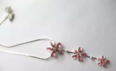 Vtg 1990's Y2k Pink Flower Silver Plate Rhinestone Y Necklace • $11.99