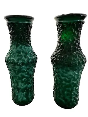 Pair Of Vintage Czech Textured Malachite Green Glass Vases 6”H NOS • $97