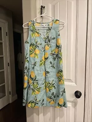 J. Jill 100% Linen Lemon Print Blue Yellow Relaxed Linen A-Line Dress Petite M • $25