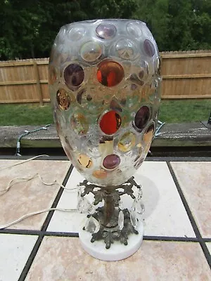 Vintage Marble Cast Iron / Brass Glass Coin Pattern Lamp W/ Prisms ~ 14  T  #1 • $124.95