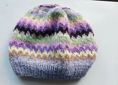 Lilac/purple/green Handknitted Fairisle Hatbeannieoutdoors Winter Walking • £19.99