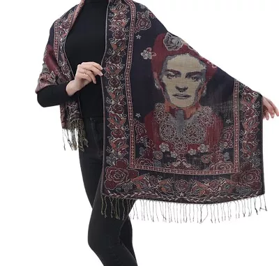 Quality Mexican Pashmina Shawl Scarf Wrap Frida Kahlo Black/Blue/Red Gold • $35.99