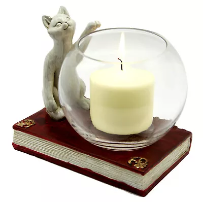 Cat And Book Candle Holder Glass & Resin Decor Item Cat Lovers Bookworm Gift • £21.99