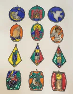 Vintage Metal Trim Acrylic Stain Glass Christmas Tree Ornament Set (12) • $10