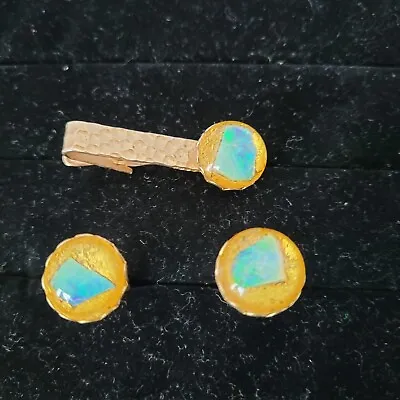 Vintage Fire Opal Concave Gold Tone Cufflinks And Tie Clip Set • $59